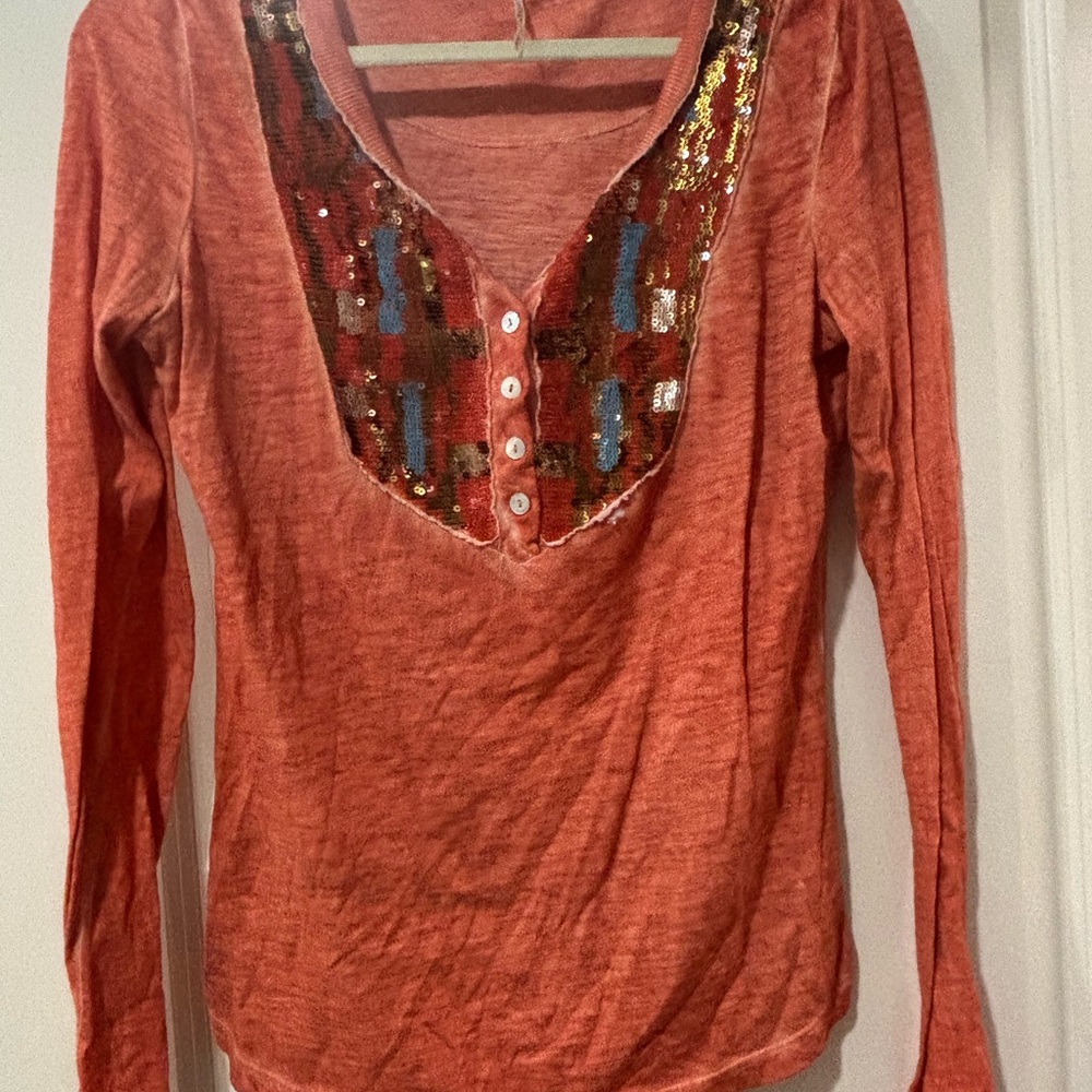 Free People Orange Sequin Embellished Long Sleeve Size S